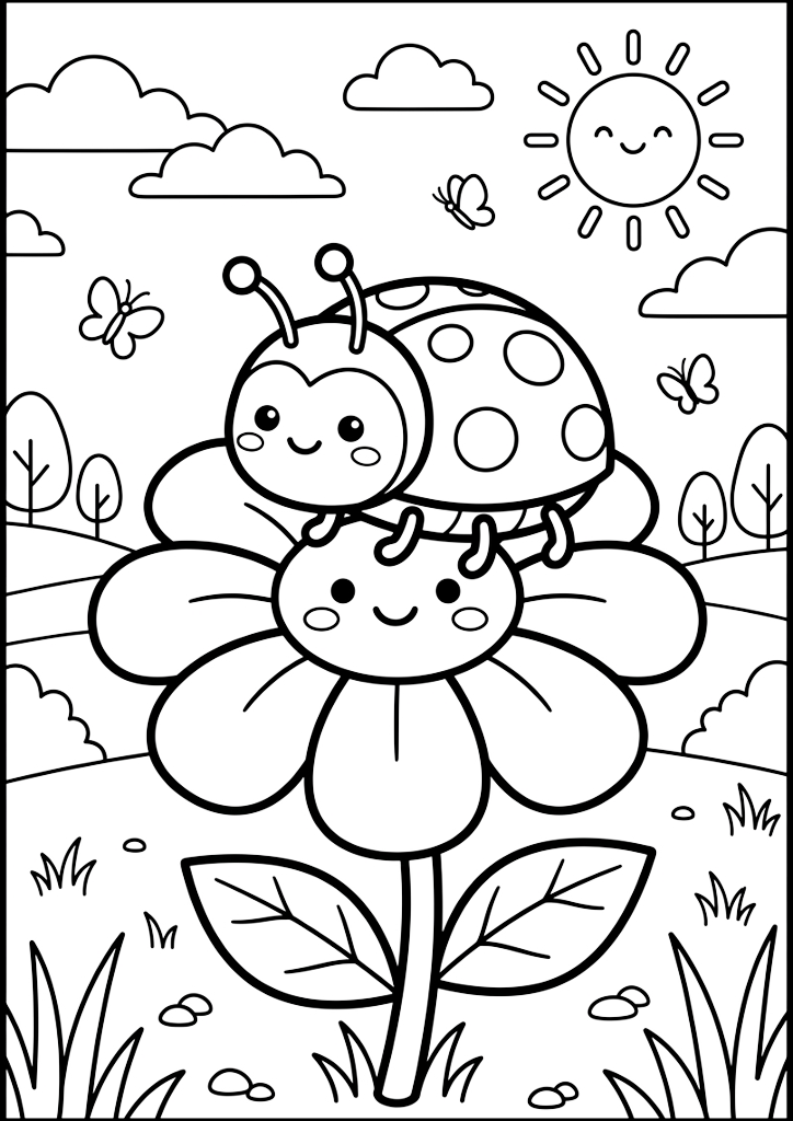 Coloring page Cute Ladybug on a Flower