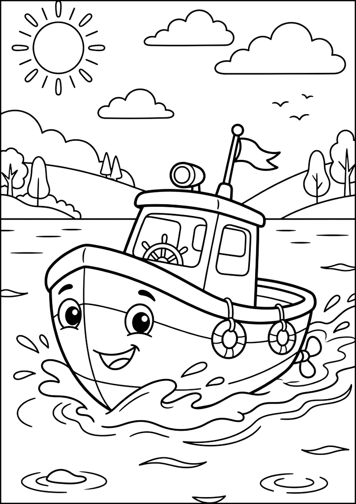 Coloring page Smiling Boat Sailing On Water