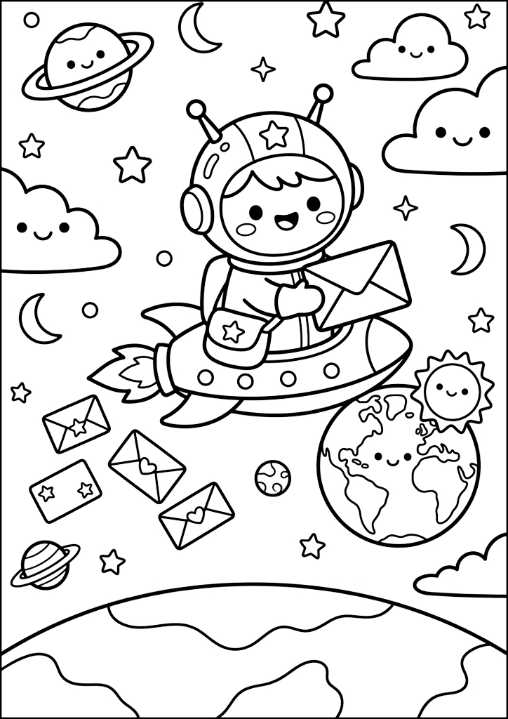 Dibujo para colorear Astronauta Entrega Cartas en el Espacio