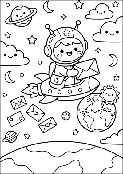 Kolorowanka Astronauta Na Rakiecie Dostarcza Listy