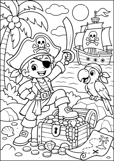 Página para colorear Joven pirata en la isla (variante 2)