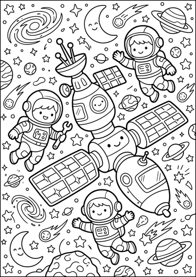 Kolorowanka Astronauci Wokół Stacji Kosmicznej