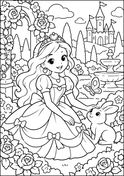 Disegno da colorare Principessa nel giardino del castello