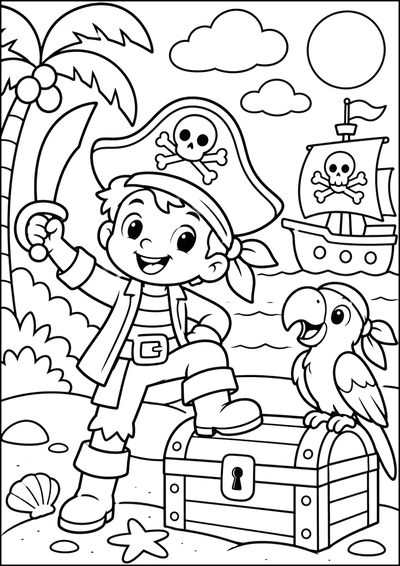 Página para colorear Joven pirata en la playa