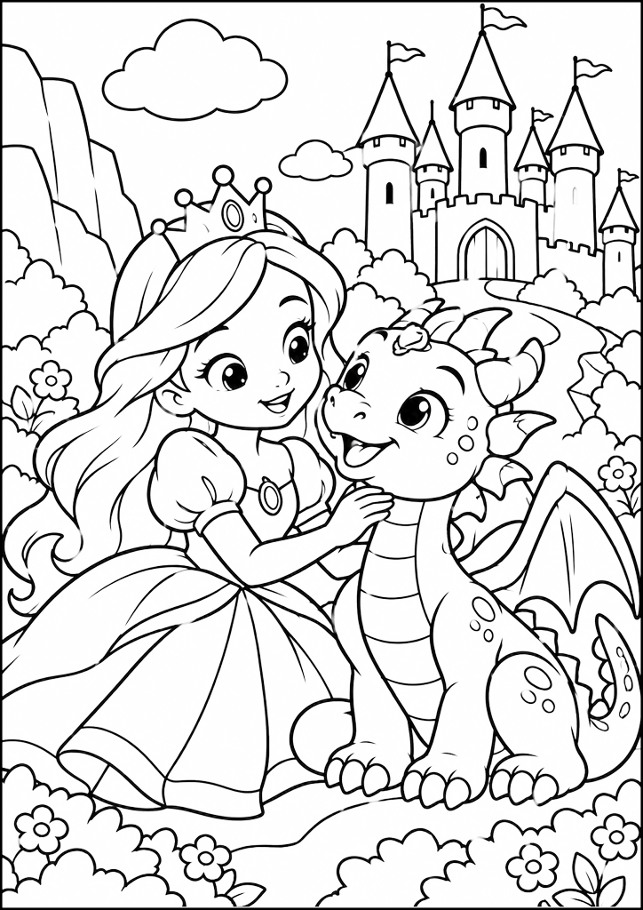 Disegno da colorare Principessa e piccolo drago (variante 2)