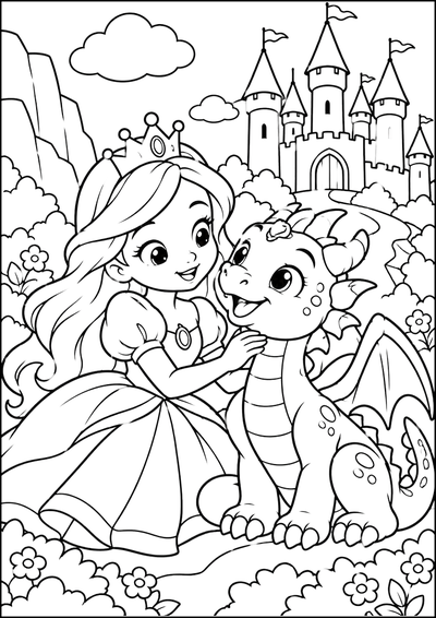 Disegno da colorare Principessa e piccolo drago (variante 2)