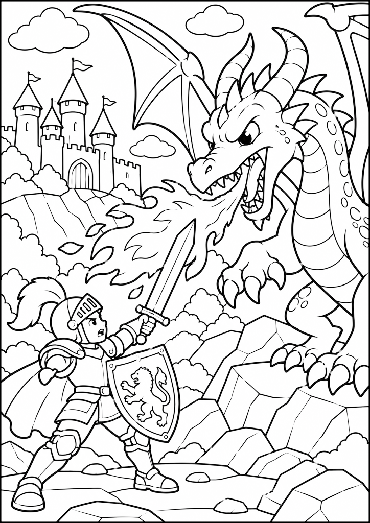 Disegno da colorare Cavaliere che combatte il drago