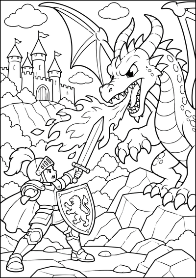 Disegno da colorare Cavaliere che combatte il drago