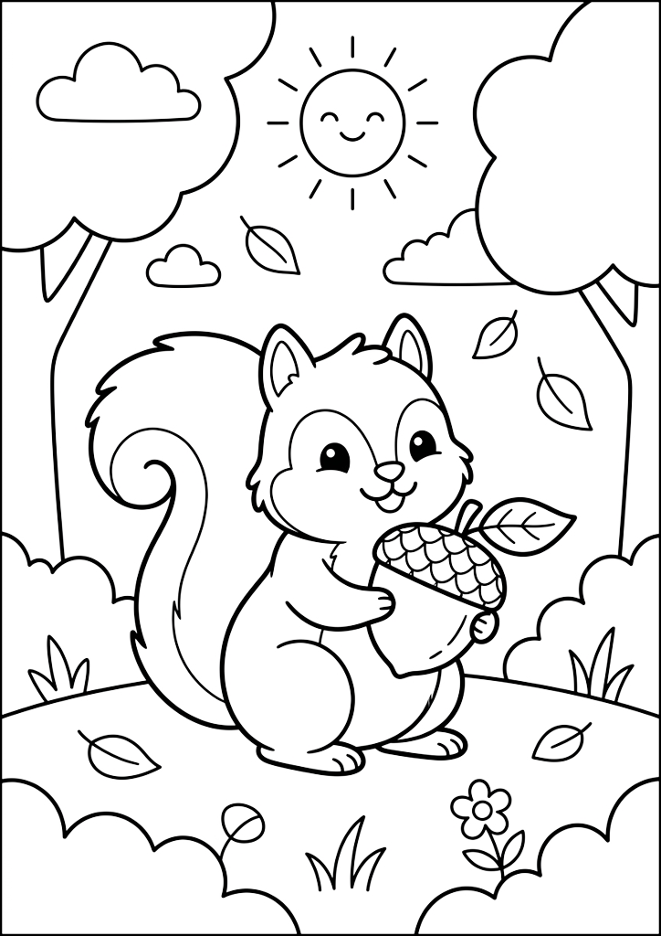 Coloring page Cute Squirrel With Acorn