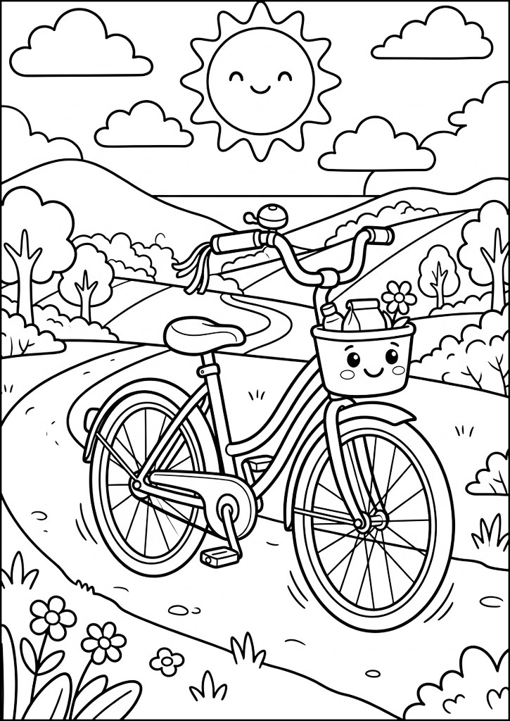 Coloring page Bicycle On A Sunny Path