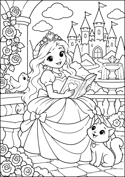 Ausmalbild Prinzessin Liest Am Schloss