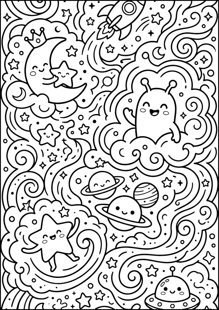 Dibujo para colorear Espacio Lindo Con Extraterrestres Amigables