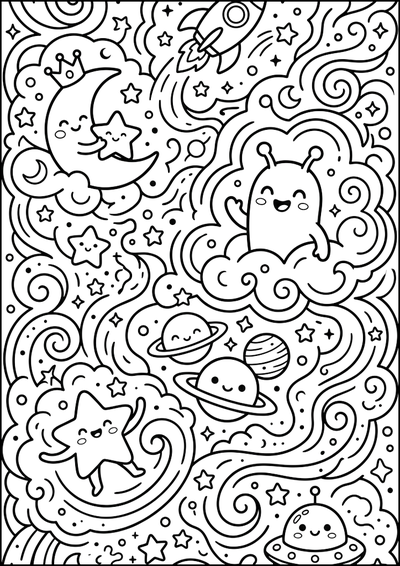 Dibujo para colorear Espacio Lindo Con Extraterrestres Amigables