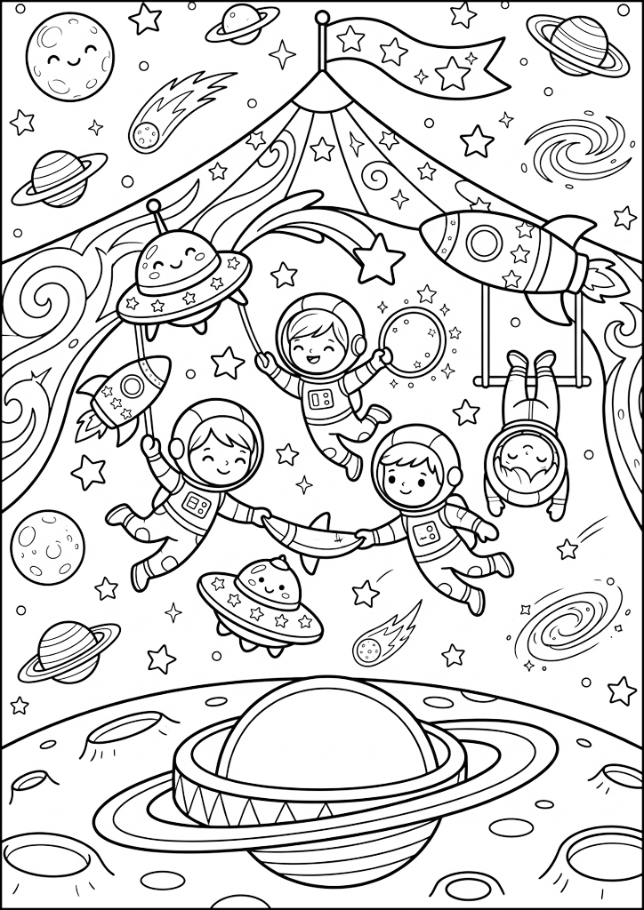 Dibujo para colorear Acróbatas Astronautas En El Circo Espacial