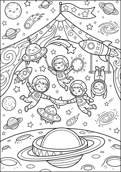 Dibujo para colorear Acróbatas Astronautas En El Circo Espacial