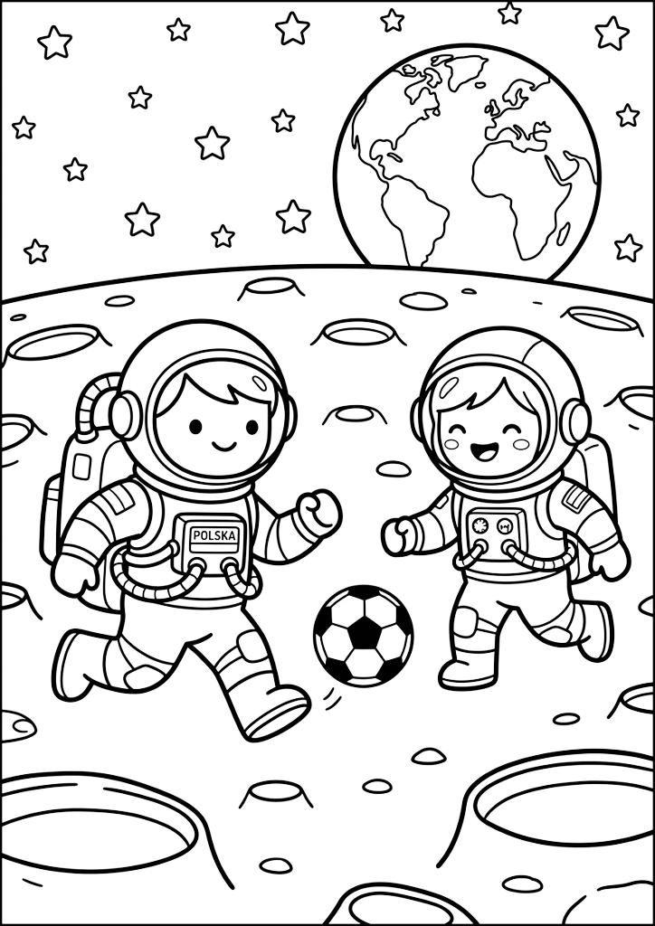 Dibujo para colorear Astronautas Jugando Fútbol en la Luna
