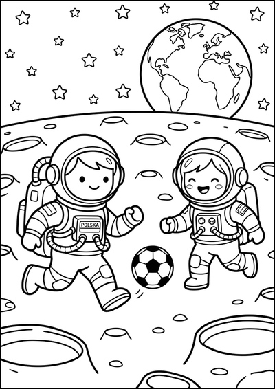 Dibujo para colorear Astronautas Jugando Fútbol en la Luna