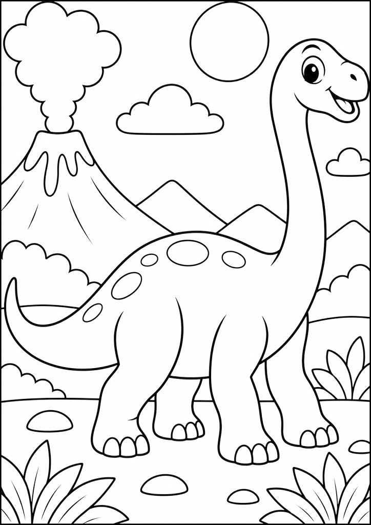 Ausmalbild Lächelnder Dinosaurier Beim Vulkan