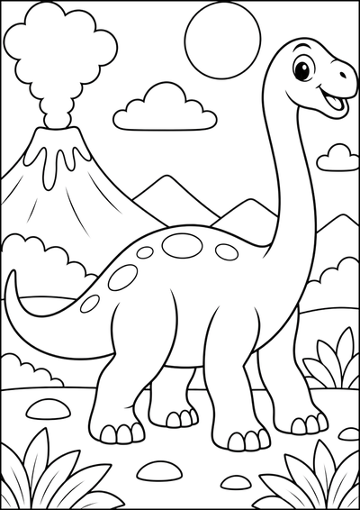 Kolorowanka Uśmiechnięty Dinozaur Przy Wulkanie