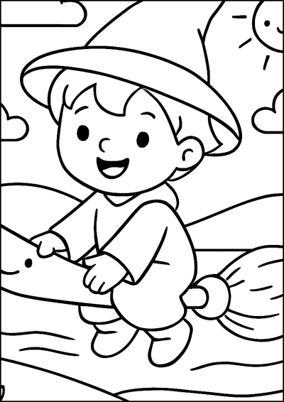 Coloriage Petit Sorcier Sur Un Balai Volant