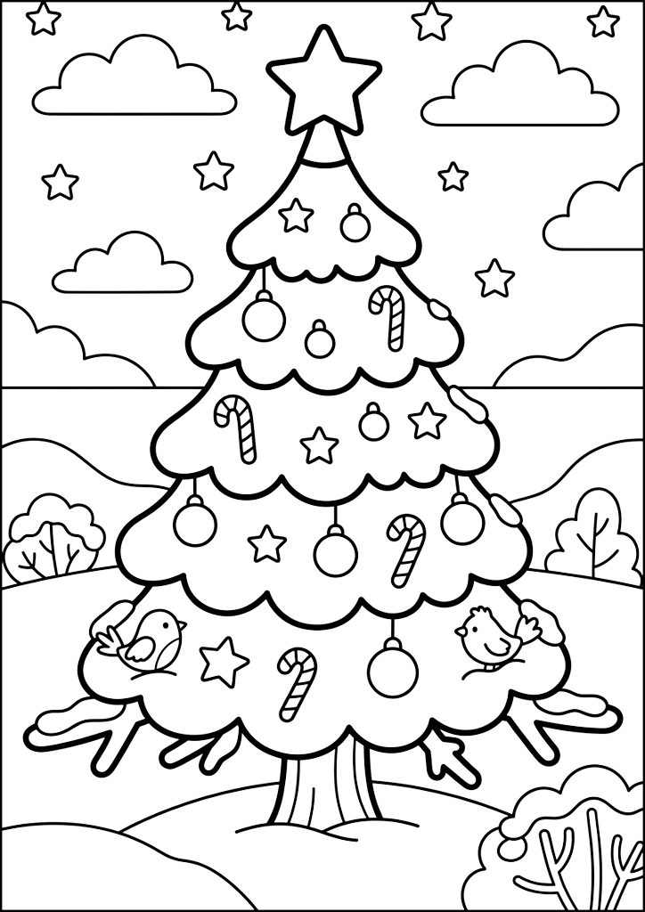 Coloring page Decorated Christmas Tree with Birds