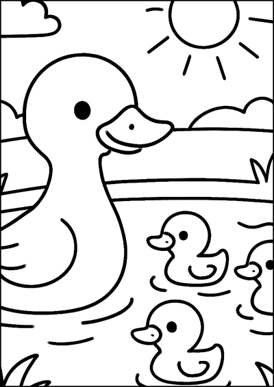 Ausmalbild Ente Mit Entenküken Im Teich