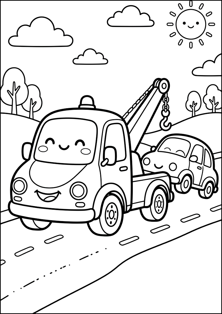 Ausmalbild Fröhlicher Abschleppwagen Zieht Auto