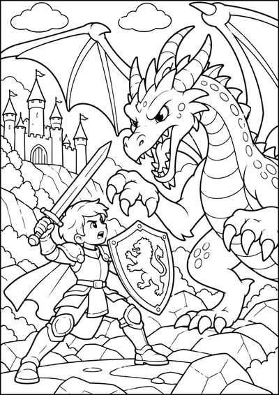 Disegno da colorare Cavaliere che combatte il drago (variante 2)