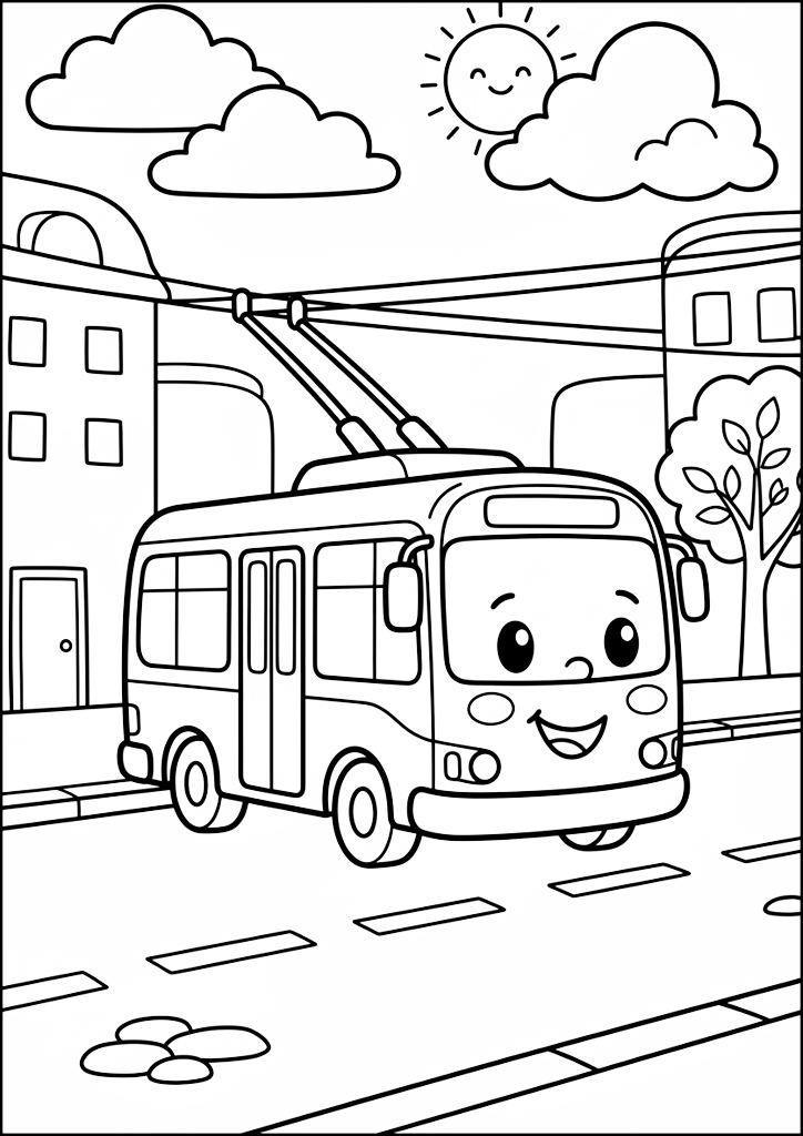 Coloriage Joyeux Trolleybus dans la Ville