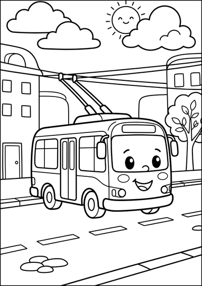 Kolorowanka Wesoły Trolejbus na Ulicy Miasta