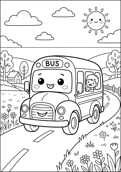 Kolorowanka Uśmiechnięty Autobus Szkolny Jedzie