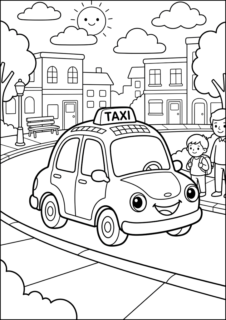 Coloriage Taxi Souriant Attendant en Ville