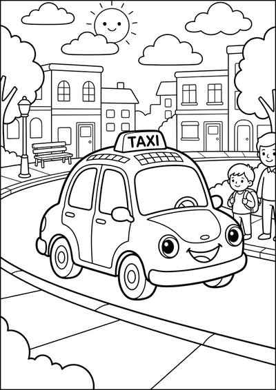 Dibujo para colorear Taxi Sonriente Esperando en la Ciudad