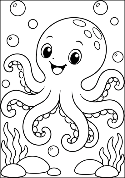 Ausmalbild Lächelnder Oktopus Unterwasser