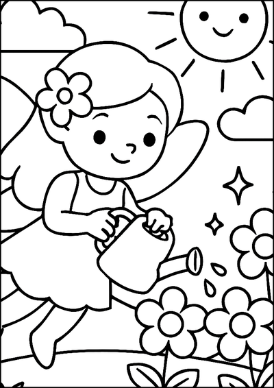 Dibujo para colorear Hada Regando Flores