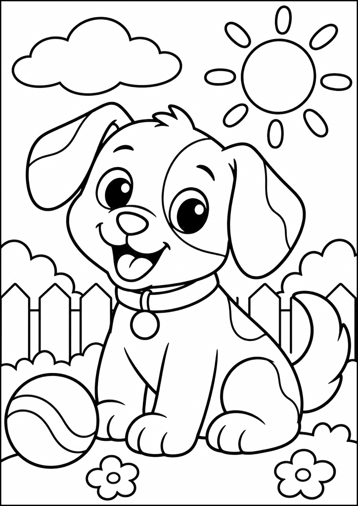 Coloring page Cute Puppy In The Garden