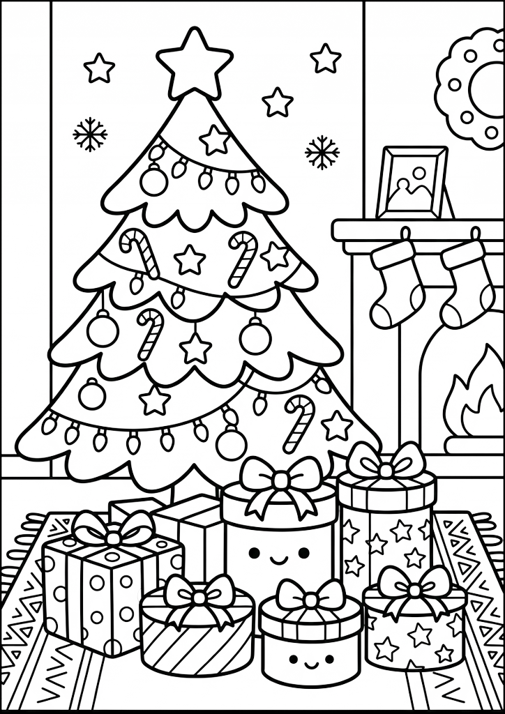 Coloring page Decorated Christmas Tree And Gifts