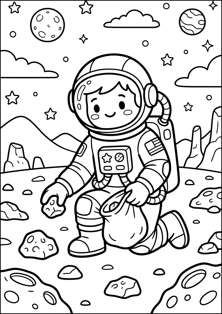 Coloring page Astronaut Collecting Space Rocks