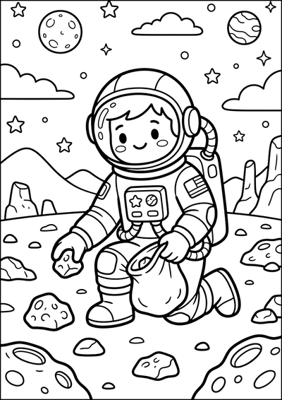 Dibujo para colorear Astronauta Recogiendo Rocas Espaciales