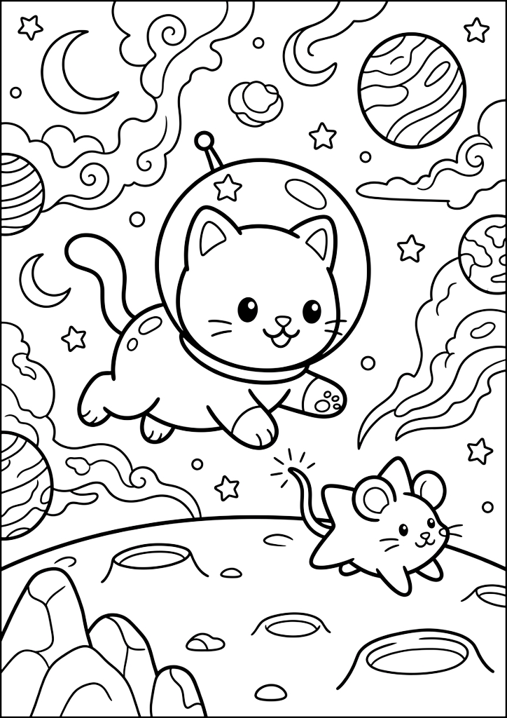 Dibujo para colorear Gatito Cósmico y Ratón Estrella