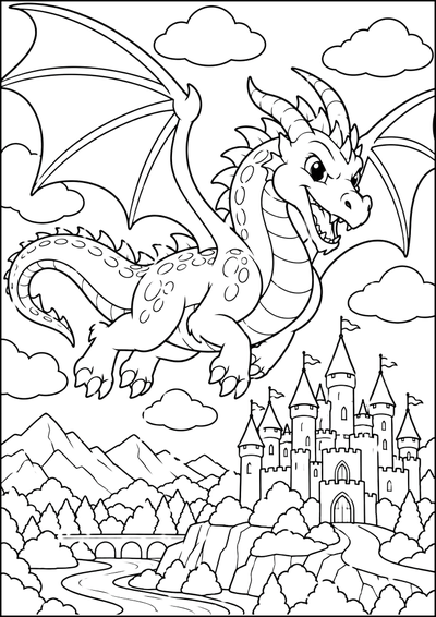 Disegno da colorare Drago volante sul castello