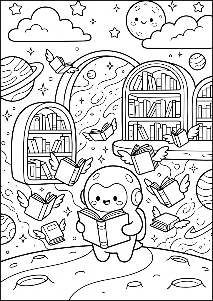 Dibujo para colorear Biblioteca Espacial y Astronauta