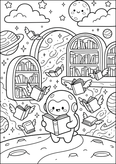 Kolorowanka Kosmiczna Biblioteka i Astronauta