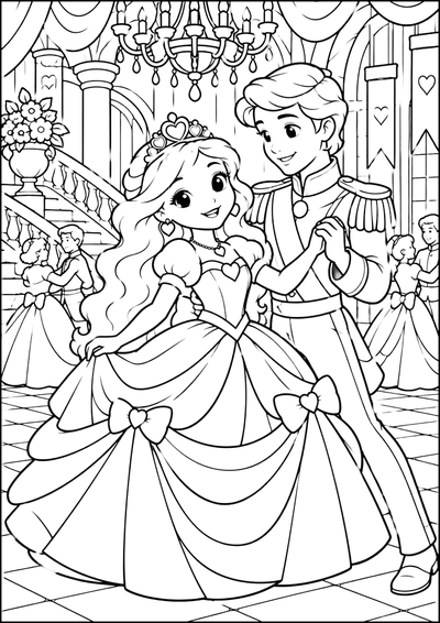 Disegno da colorare Principessa e principe al ballo