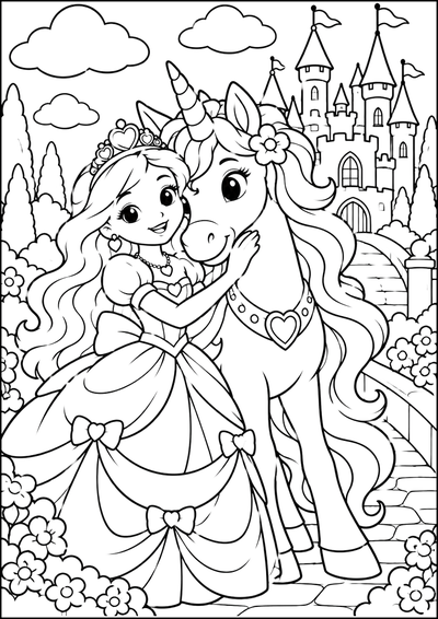 Disegno da colorare Principessa e unicorno al castello