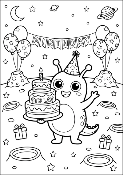 Dibujo para Colorear de Cumpleaños Adorable de Alien en el Espacio