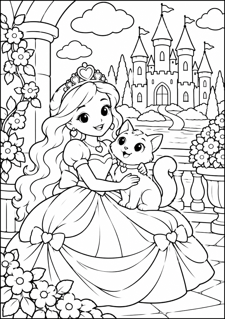 Disegno da colorare Principessa con Gattino al Castello