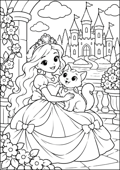 Disegno da colorare Principessa con Gattino al Castello