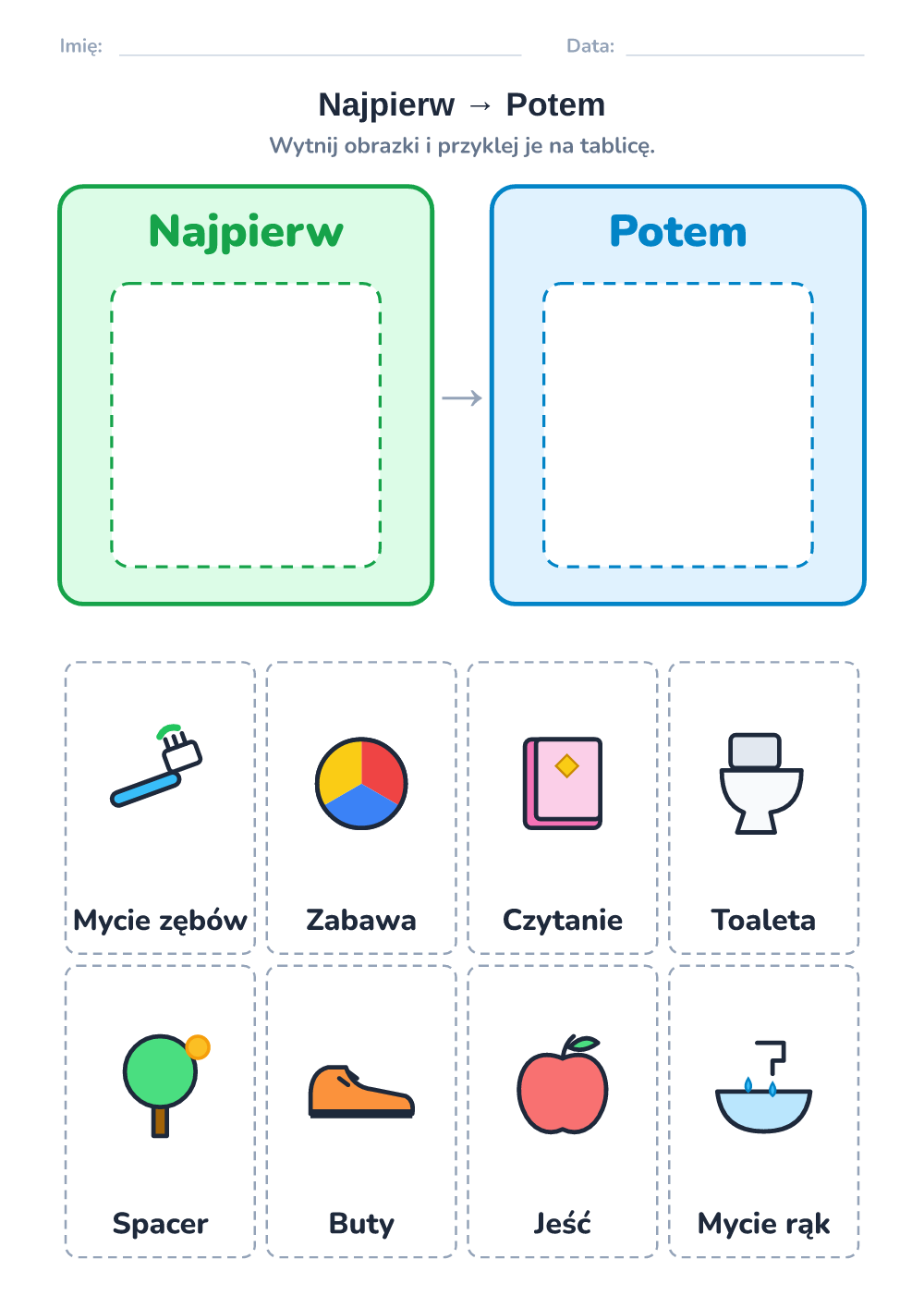 Plan dnia z obrazkami — najpierw – potem (średni, do druku)