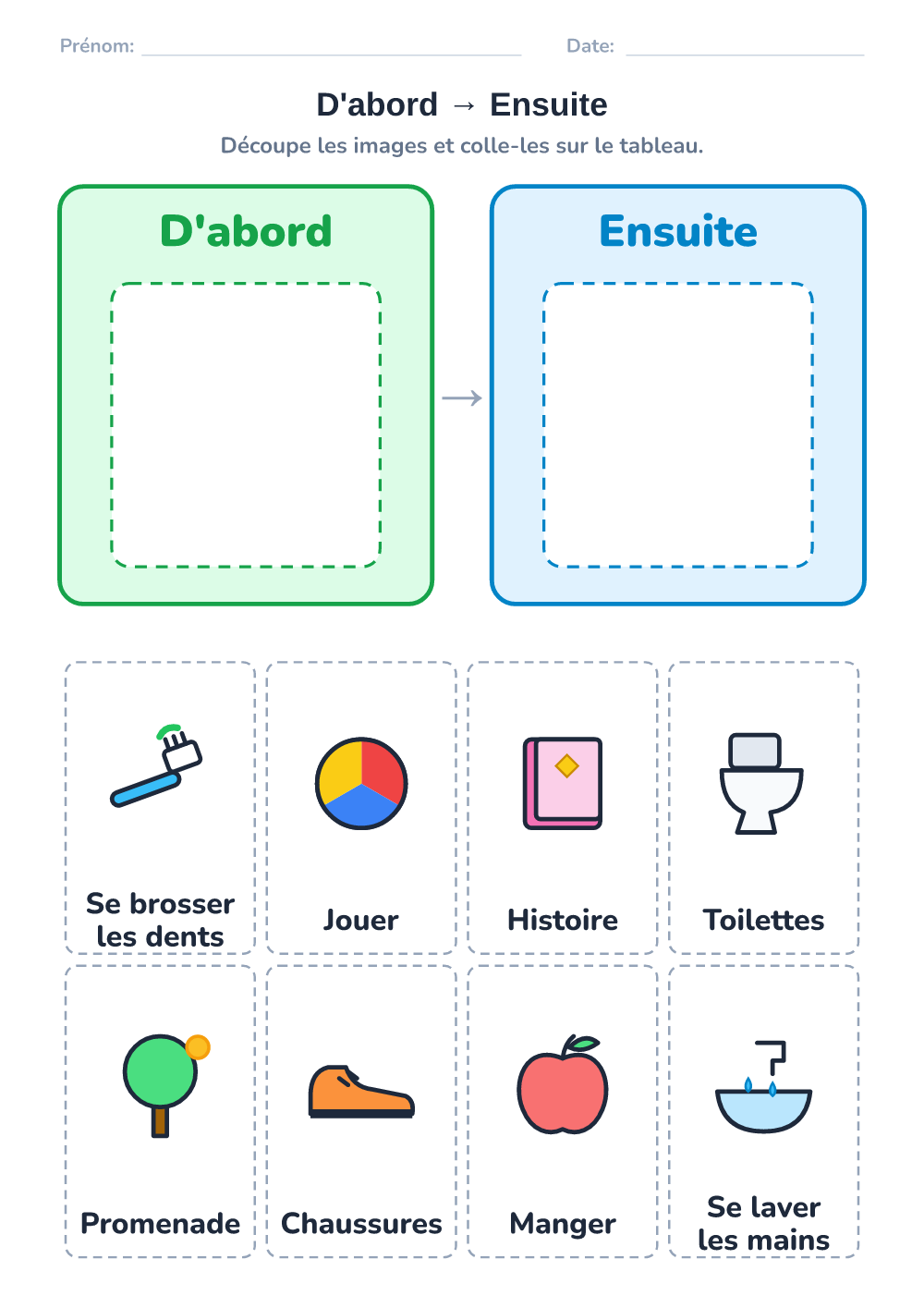 Emploi du temps visuel — d'abord – ensuite (moyen, à imprimer)